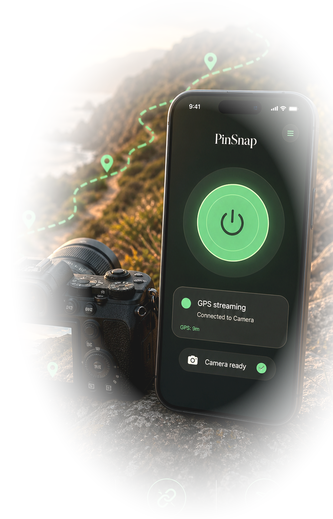 PinSnap GPS sync shown with a camera and iPhone